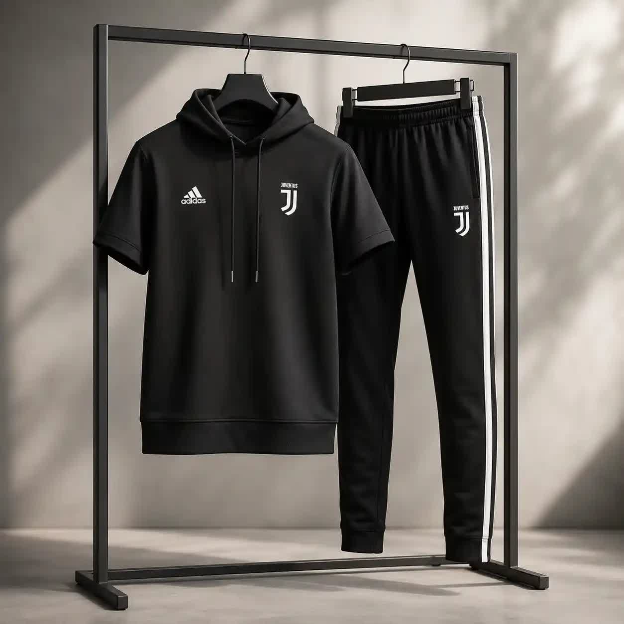 ست تیشرت کلاهدار و شلوار مردانه مدل Juventus-مشکی